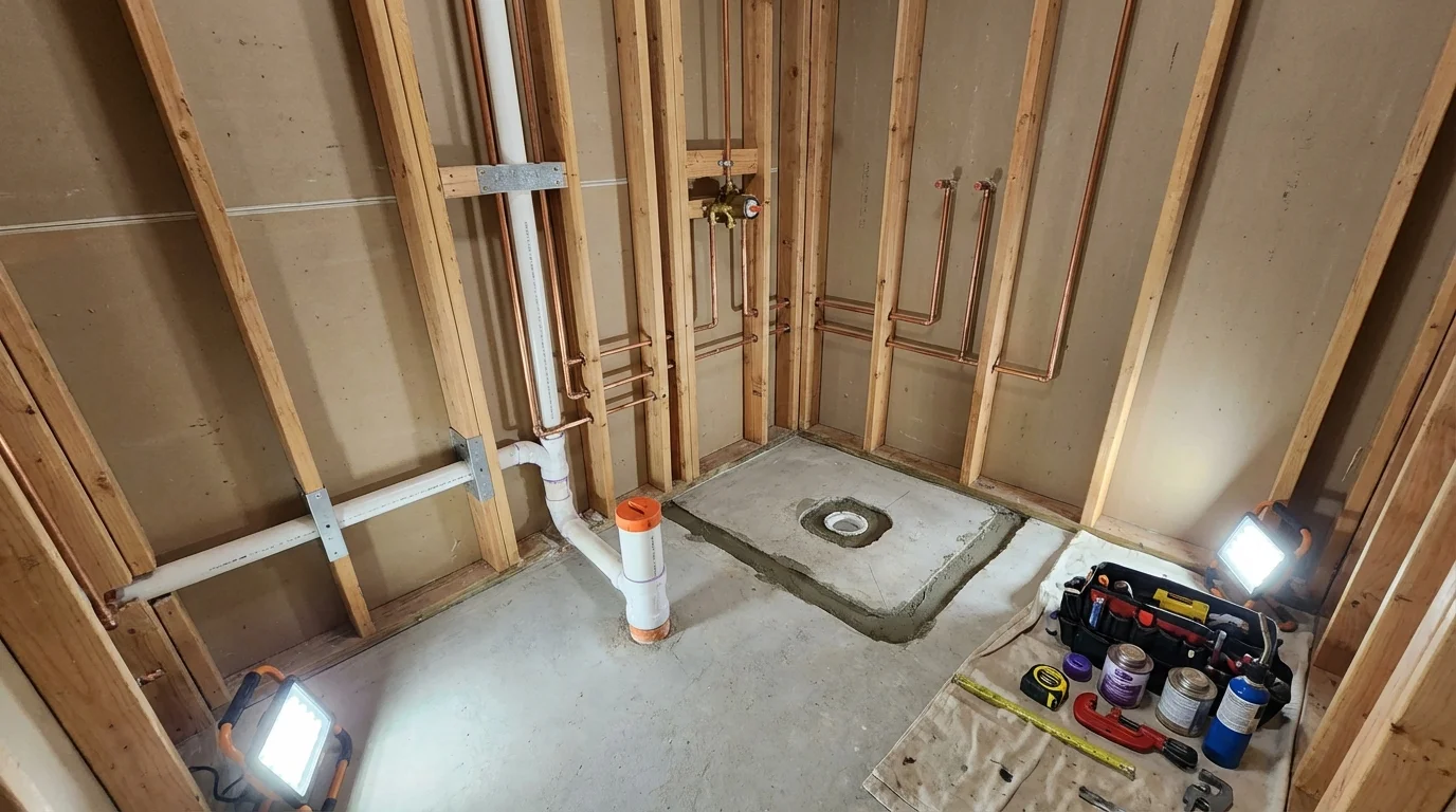 Bathroom rough-in plumbing during remodel by Johns Plumbing LLC in Catawissa
