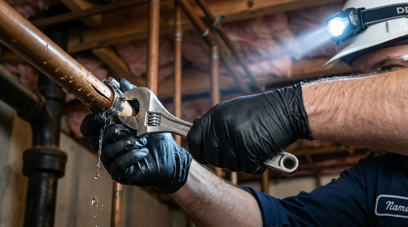 Emergency pipe clamp repair being performed by a Johns Plumbing LLC plumber in Catawissa
