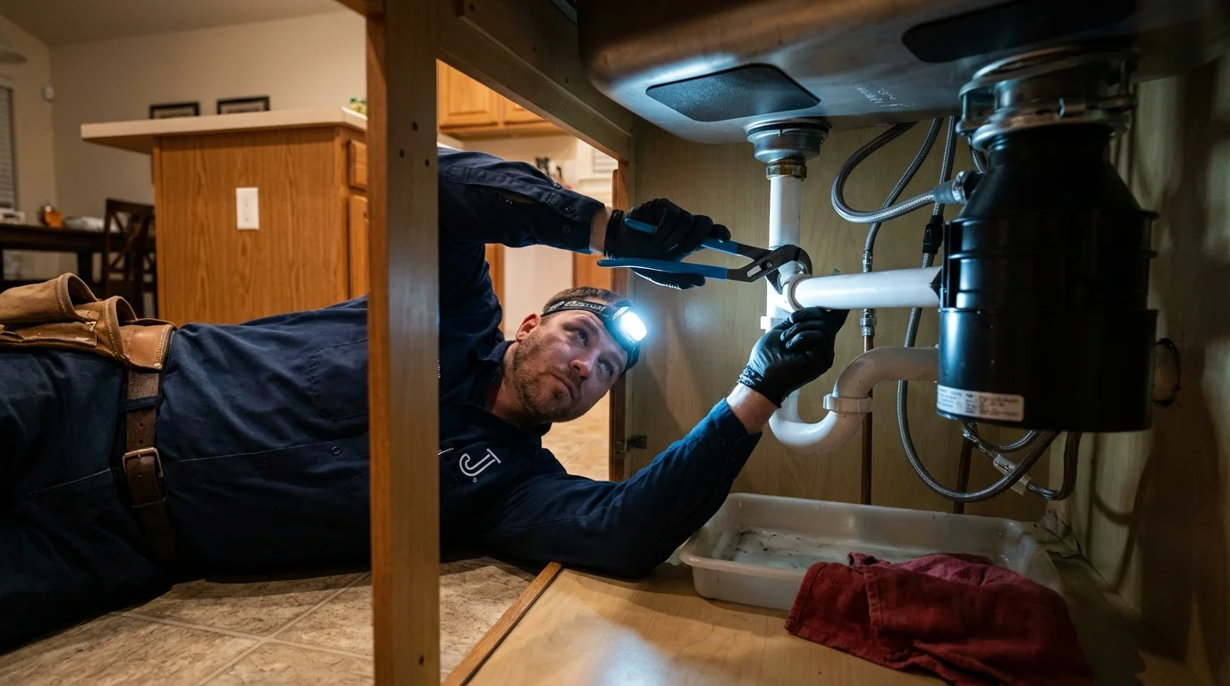 P-trap and supply line connections under a kitchen sink showing a common leak point in Catawissa, PA
